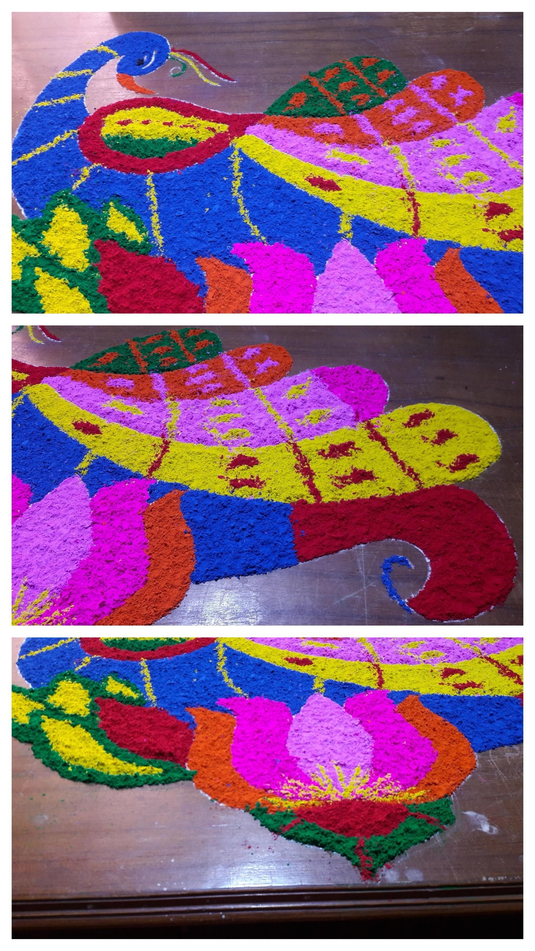A rangoli pattern laid out in powdered colors before Holi.